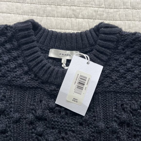FRAME L Cable Knit Sweater Dress Vest Navy Alpaca Wool Gold Button Pockets NWT